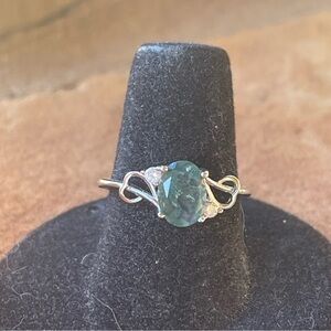 .925 Sterling Silver green moss agate ring with CZ diamonds size 7